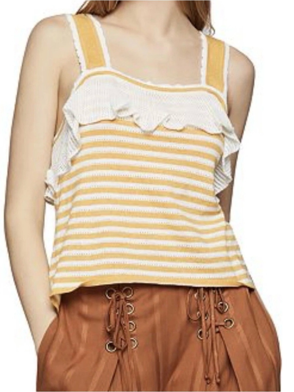 BCBGeneration Womens Yellow Ruffled Cropped Striped Tank Top Shirt Small NEW 652